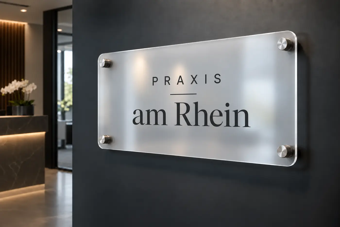 Gestaltungsbeispiel eines Acrylglasschildes mit abgerundeten Ecken und vier Edelstahl-Abstandhaltern