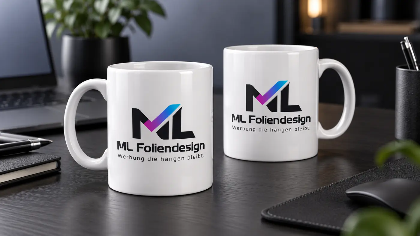 Gestaltungsbeispiel individuell bedruckter Tassen mit Firmenlogo